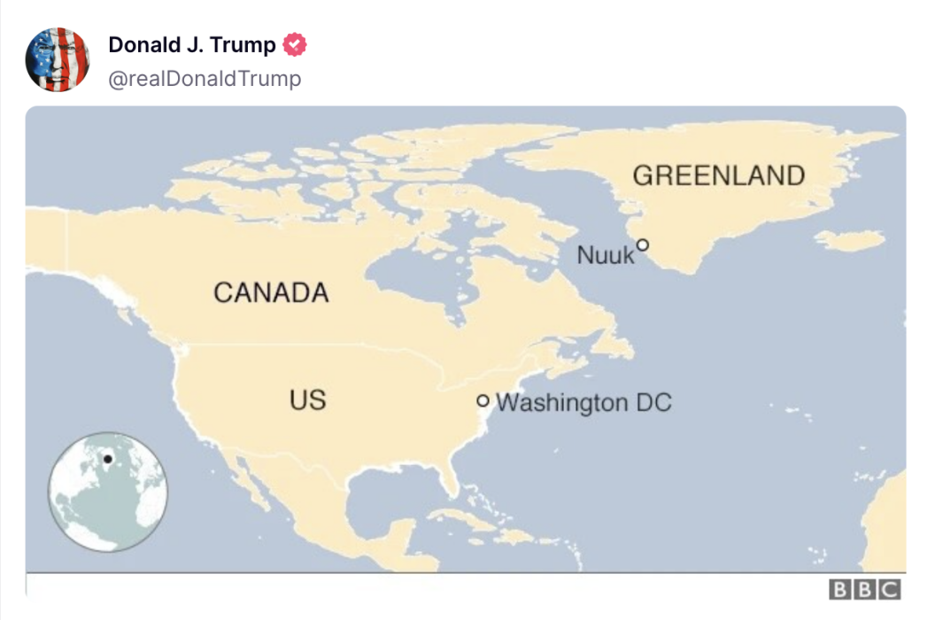继续拱火？特朗普发了张“新地图”：美国、加拿大和丹麦格陵兰岛均用统一颜色标记
