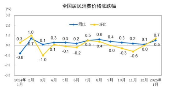 国家统计局：2025年1月份居民消费价格同比上涨0.5%