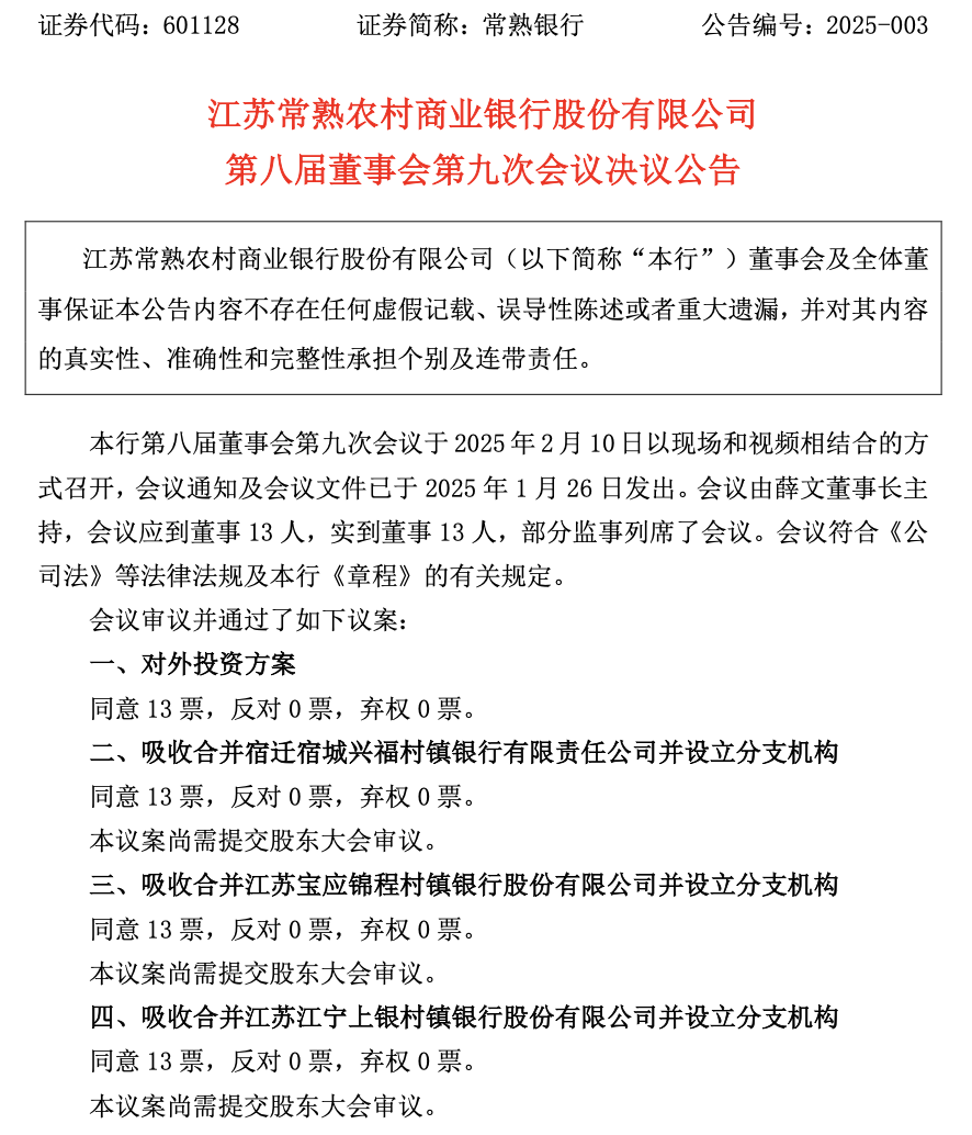 开年又一例！中小银行吸收合并提速 常熟银行拟“收编”3家村镇行